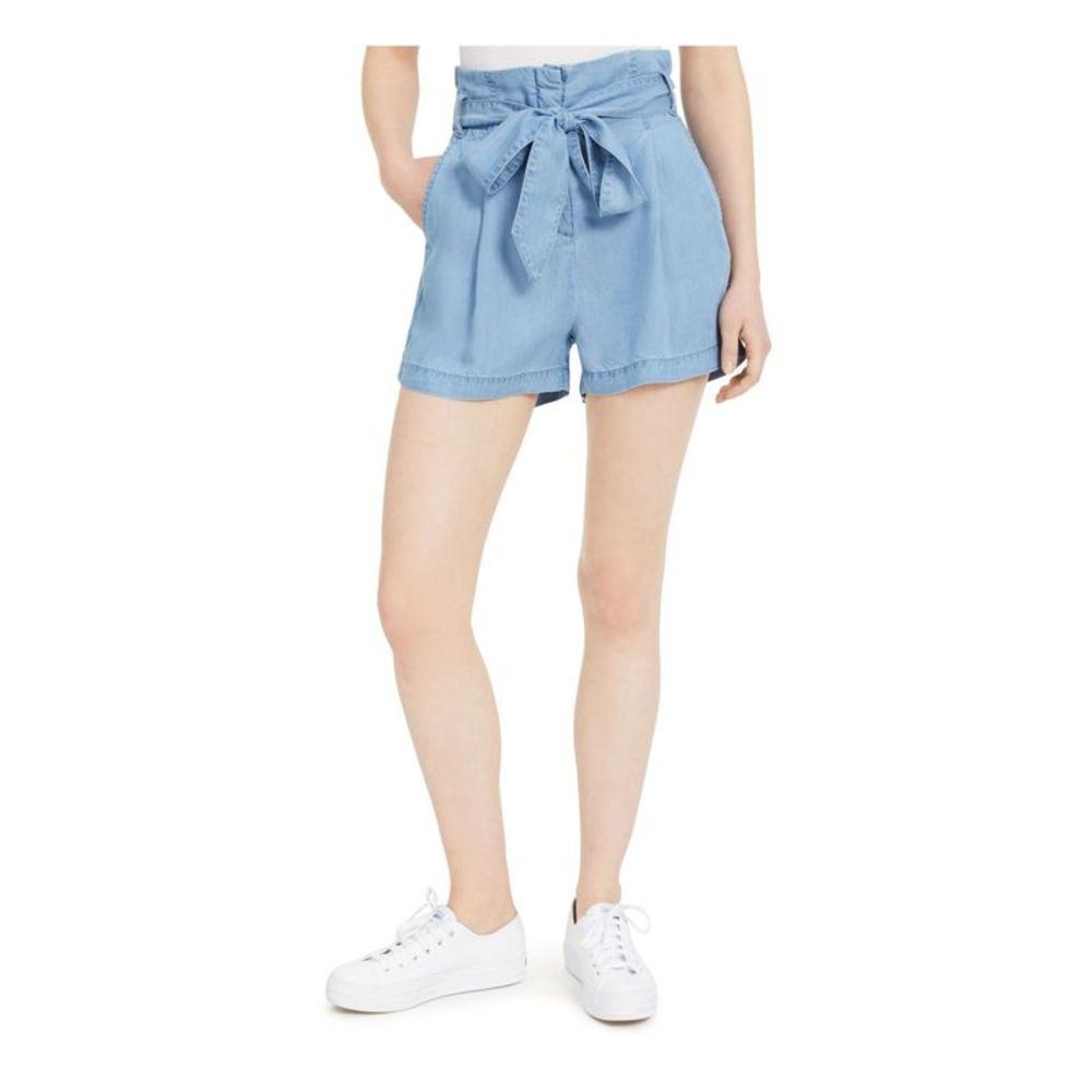 NUMERO Womens Blue Chambray Pocketed Belted Paperbag-waist Shorts Size: M